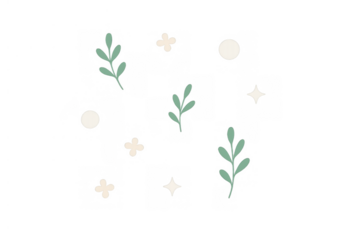 Pastel botanical elements with leaves, flowers, stars, and dots creating a cute decoration, transparent background