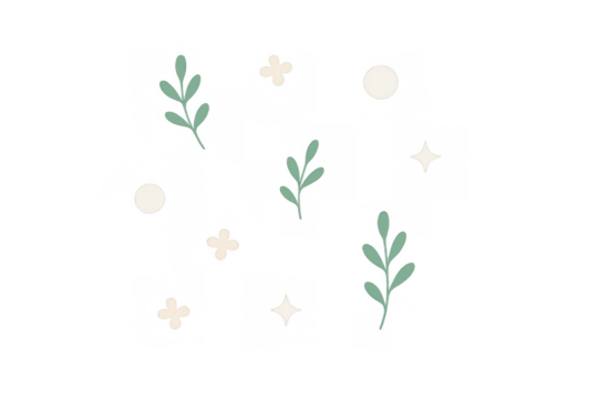 Pastel botanical elements with leaves, flowers, stars, and dots creating a cute decoration, transparent background