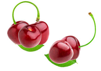 two fresh groups of ripe red cherries with long green stems and accompanying leaves, positioned together and isolated against a clean transparent background.