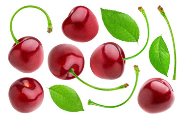 ripe, glossy red cherries, loose leaves, and various green stems floating in mid-air, creating a dynamic composition isolated on a transparent background.