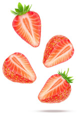four halves of fresh, ripe red strawberries with green leaves, cut and floating in the air, isolated on a clean transparent background photograph.