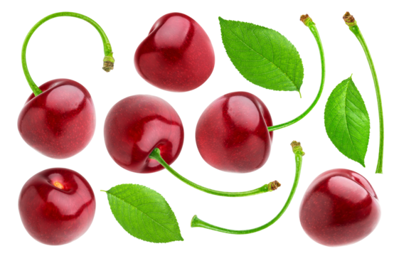 ripe, glossy red cherries, loose leaves, and various green stems floating in mid-air, creating a dynamic composition isolated on a transparent background.