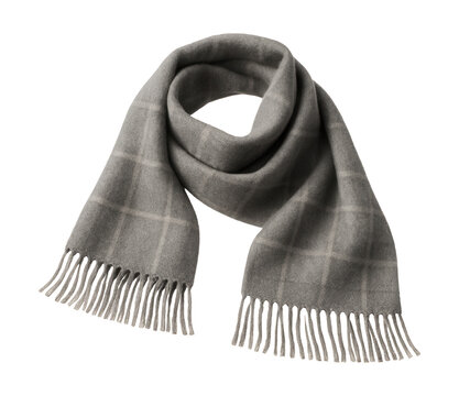 Gray wool scarf featuring fringe edges and a subtle check design.