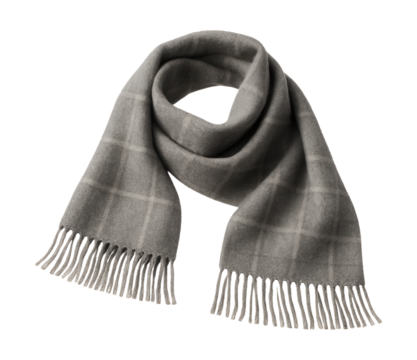 Gray wool scarf featuring fringe edges and a subtle check design.