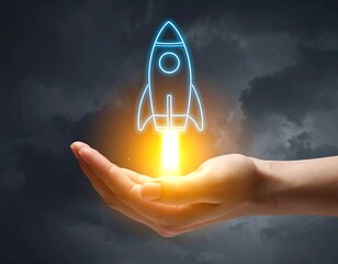 Rocket Launching from Hand - Symbol of Innovation and Startup Success.