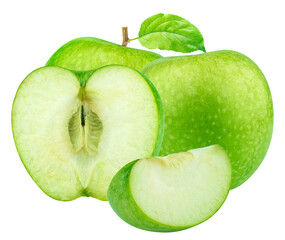 three pieces of fresh green granny smith apple, including a whole fruit, a half slice, and a quarter wedge, isolated on a deep transparent background photograph.