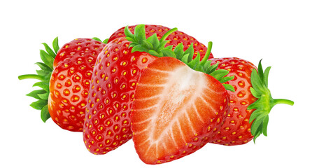 close-up photograph of a small pile of four fresh, ripe red strawberries, with one cut in half revealing the fleshy interior, isolated on black.