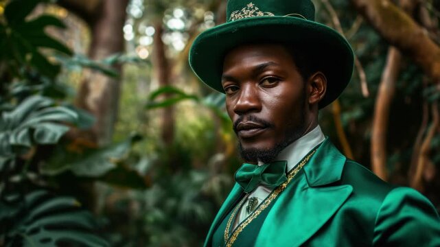 Man in elegant green suit and hat stands in lush forest setting, evoking a festive springtime mood.