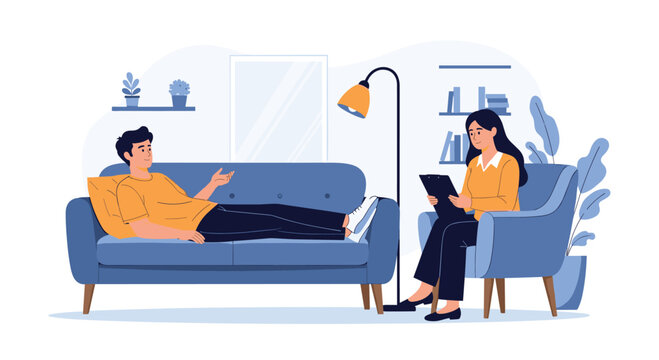 A male patient lies on a blue sofa, talking to a female therapist who is taking notes during a mental health therapy session.
