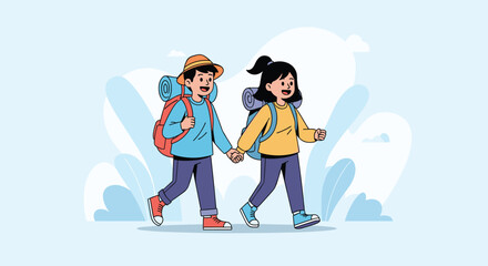 A smiling young couple with backpacks holds hands and walks together on a hiking adventure, depicting travel and companionship.