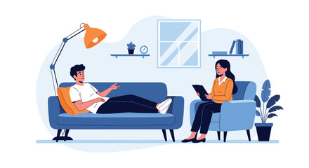 A man lies on a couch, sharing his thoughts and feelings with a female therapist who actively listens and takes notes during a psychotherapy session.