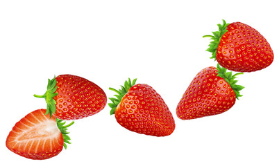 five fresh, ripe red strawberries, including four whole berries and one half slice, scattered and floating isolated against a pure transparent background photograph.