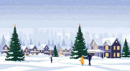 Serene winter wonderland scene with festive Christmas trees, charming homes, and people walking in the snow.