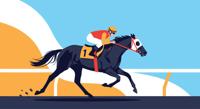 A dark horse with a jockey in red and yellow silks and number one gallops intensely on a sunlit racetrack, showcasing competitive sport.