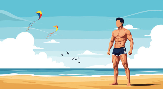 Muscular man in swim shorts stands confidently on a sunlit beach, admiring kites flying high against a vibrant blue sky and calm ocean.