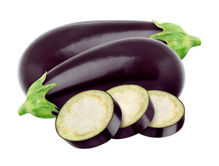 composition of two whole dark purple eggplants and three thick round slices, highlighting the internal flesh, isolated on a deep transparent background photograph.