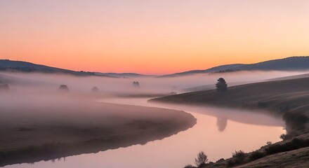 Naklejka premium Serene Morning Mist Over Winding River and Rolling Hills at Sunrise.