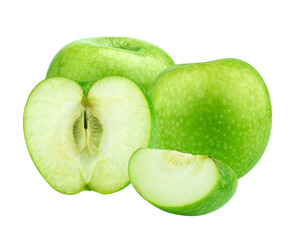 studio shot of fresh, whole green apples clustered with a slice and a half revealing the inner white pulp and seed core, isolated perfectly on black for easy integration.