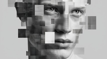 A close-up of a young Caucasian male with short hair and blue eyes. His face is partially obscured by abstract geometric shapes in grayscale.