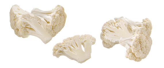 realistic photograph of a small, tight group of fresh, crisp white cauliflower segments, showcasing the dense texture and isolated cleanly on a solid black backdrop.