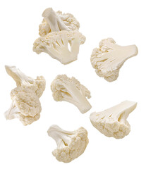 floating arrangement photograph showing various cuts of fresh, white cauliflower florets and segments dynamically scattered and isolated on a transparent background.