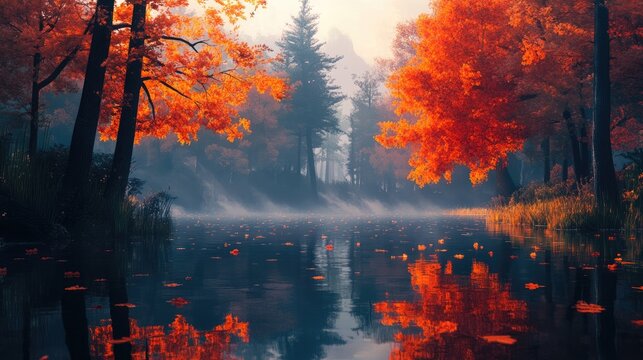 Misty autumn forest with vibrant orange trees reflecting in water