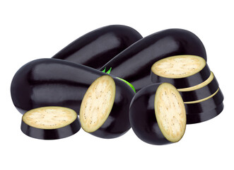 high quality photograph showing a cluster of whole ripe purple eggplants and thick slices demonstrating the pale interior flesh and seed pattern, isolated on black.
