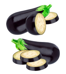 realistic photograph of fresh purple aubergine composition featuring two whole fruits and various cross sections with green calyxes, isolated on black.