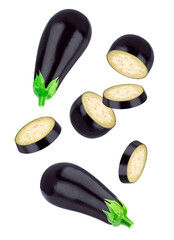 dynamic photograph of falling purple aubergines featuring two whole fruits and multiple thick, round slices suspended in mid-air, isolated on transparent background.