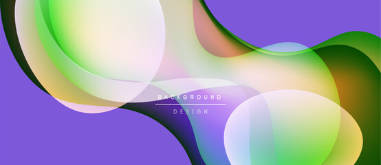 Abstract flowing shapes, vibrant colors, purple backdrop. Overlapping layers create dynamic visual effect. Modern design element.