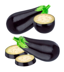 vibrant realistic photograph of fresh dark purple eggplants featuring two whole fruits alongside thick, cross-section slices and a half-cut segment, isolated on black.