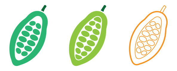 Cocoa bean icons: monochrome and colored variants in minimalist style