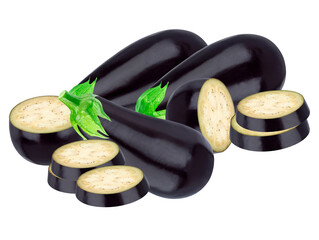 abundant arrangement of fresh, dark purple eggplants featuring three whole fruits, multiple halves, and stacked circular slices, captured in detailed raster photograph isolated on black.