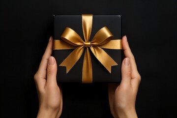 Luxury Christmas photo of hands holding black gift box with golden satin bow on dark background, elegant festive composition