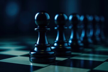 A black chess piece is on a black and white checkered board