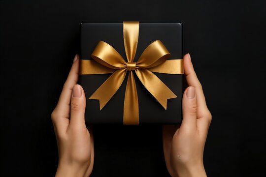 Luxury Christmas photo of hands holding black gift box with golden satin bow on dark background, elegant festive composition