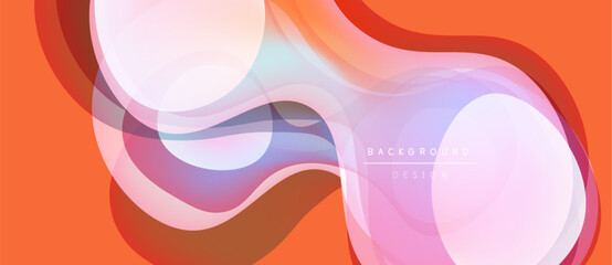 Abstract fluid shapes blend, creating vibrant orange, pink, blue gradients. Modern design suggests movement, energy, smooth transitions.