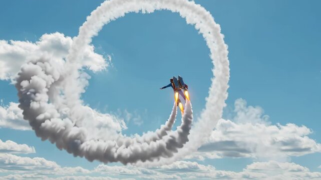 Watch a fearless entrepreneur soaring through the sky with a jetpack, making a loop-the-loop in a dynamic display of ambition and innovation against a backdrop of bright blue sky and fluffy clouds