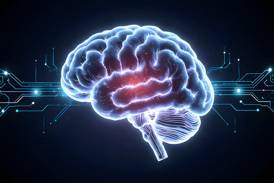 Glowing digital brain with circuits representing intelligence and complex thought processes