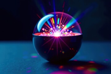 A small, colorful ball with a red light inside
