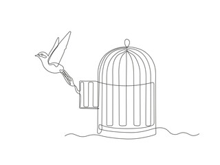 An abstract bird flies out of cage, birdcage, continuous single one line art hand drawing sketch, logo on white background