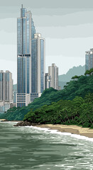 Obraz premium Modern skyscrapers rise above a lush tropical coastline with a sandy beach and ocean waves.