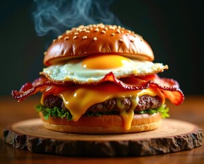 A burger with melted cheese and bacon on top