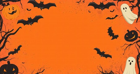 Orange Halloween background with cartoon bats, pumpkins, and ghosts in the corners, leaving space for Halloween greetings or text.
