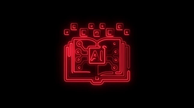 Red Neon A I Book Circuit Board Icon Glowing Abstract Technology Concept Digital Learning Artificial Intelligence Knowledge Data Science Innovation Future
