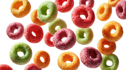 Floating Colorful Fruit Cereal Loops Isolated on transparent background Remove png, Clipping Path, pen tool