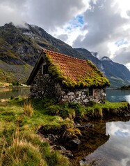 Rustic Stone Hut by Lake in Cordillera Huayhuash, Peru.