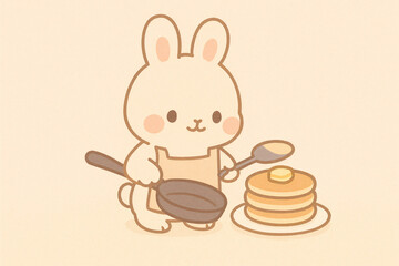 Cute Bunny Chef Making Fluffy Pancakes in a Warm Kitchen Setting