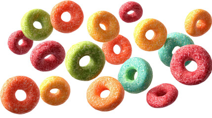 Floating Colorful Fruit Cereal Loops Isolated on transparent background Remove png, Clipping Path, pen tool