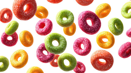 Floating Colorful Fruit Cereal Loops Isolated on transparent background Remove png, Clipping Path, pen tool